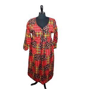 Vintage 80s After Eight Cotton Flannel Quilt Print Midi Dress Size M